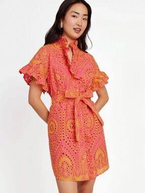 NWT Abbey Glass Eyelet Ruffle Tie-Waist Mini Dress in Coral Pink